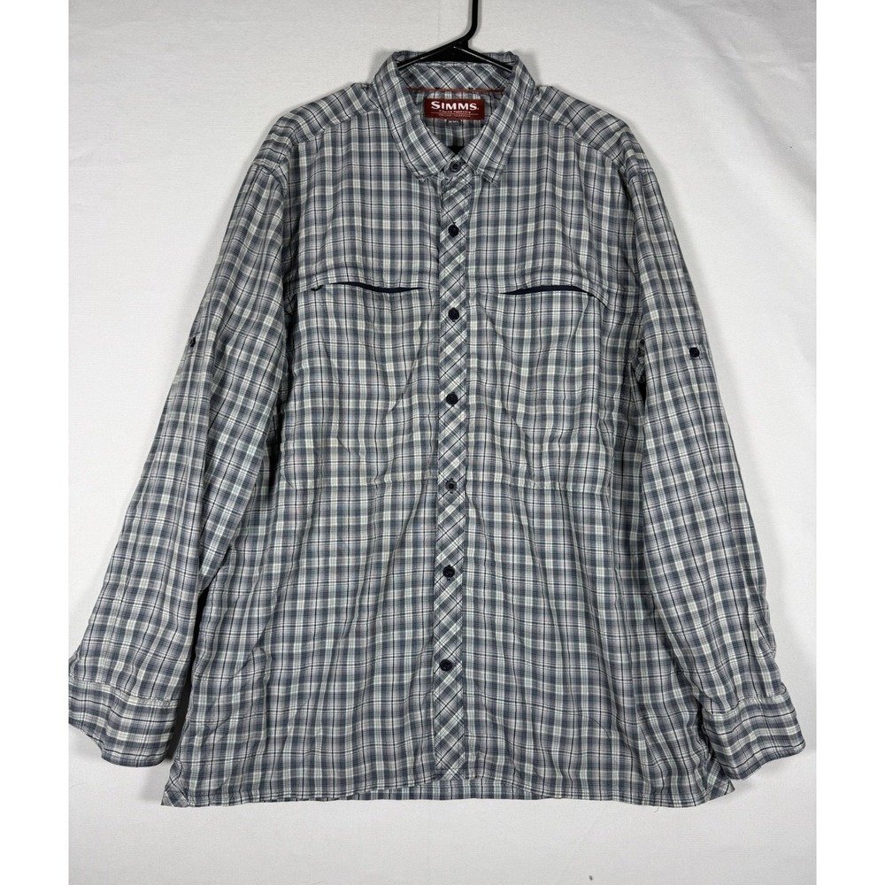 Simms Fishing Shirt Mens XXL Blue Plaid Outdoor Performance Hiking Nylon Blend